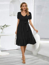 Smocked Tie Front Short Sleeve Tiered Dress - Trendsi - Flyclothing LLC