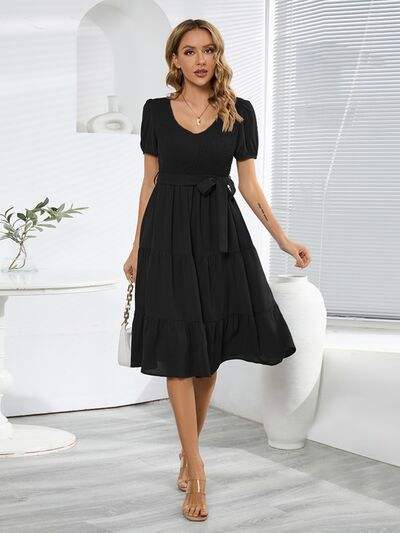 Smocked Tie Front Short Sleeve Tiered Dress - Trendsi - Flyclothing LLC