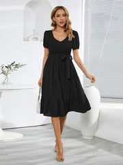 Smocked Tie Front Short Sleeve Tiered Dress - Flyclothing LLC