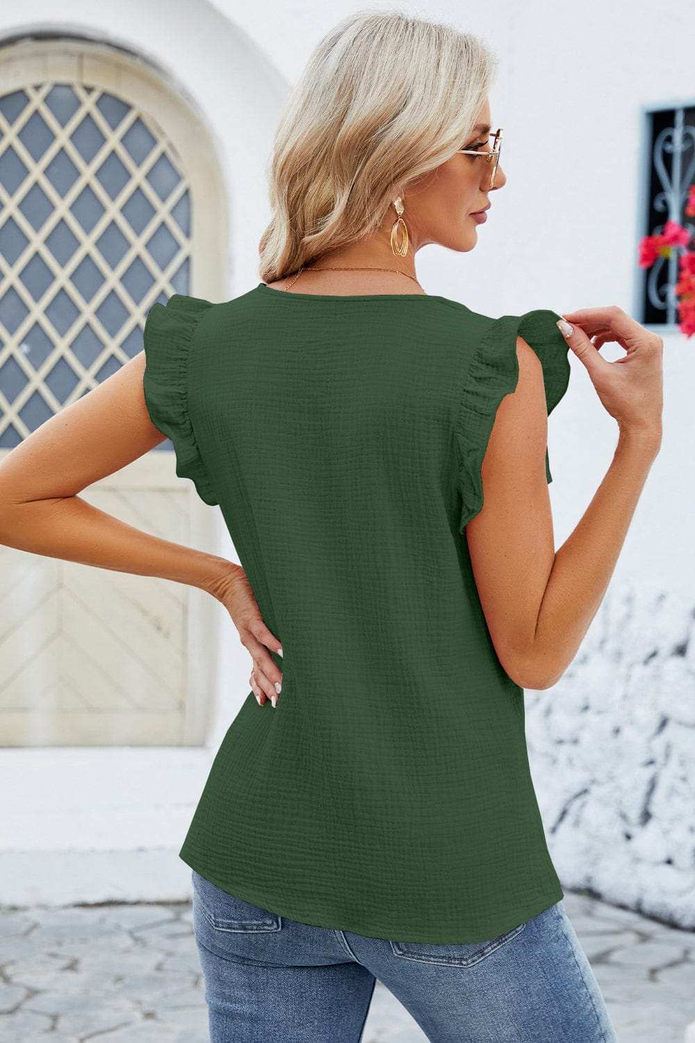 Ruffled V-Neck Cap Sleeve Blouse - Trendsi - Flyclothing LLC