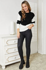 Double Take Two-Tone Openwork Rib-Knit Sweater - Trendsi - Flyclothing LLC