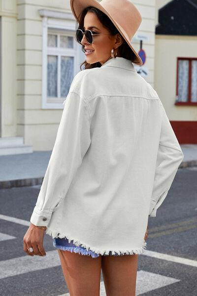 Button Up Pocketed Raw Hem Denim Jacket - Flyclothing LLC