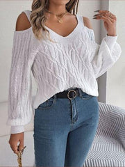 Cable-Knit Cold Shoulder Long Sleeve Sweater - Trendsi