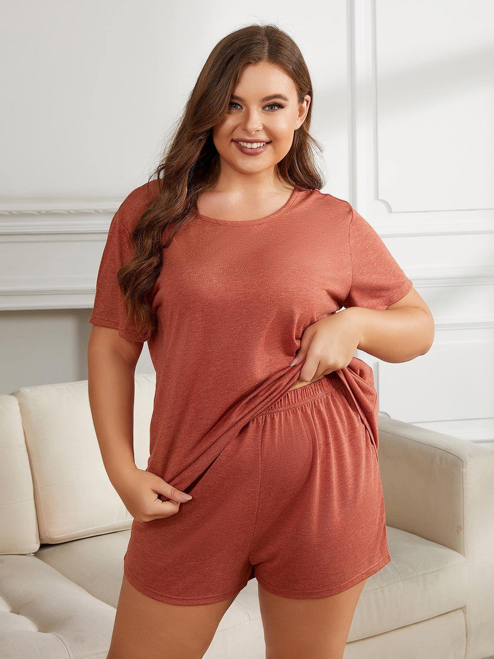 Plus Size Round Neck Short Sleeve Two-Piece Loungewear Set - Trendsi