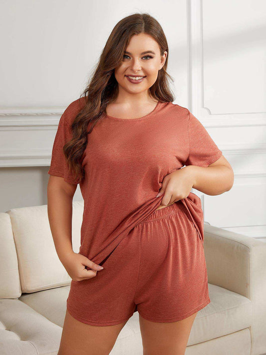 Plus Size Round Neck Short Sleeve Two-Piece Loungewear Set - Trendsi - Flyclothing LLC