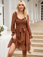 Tie Front Ruffle Hem Smocked Dress - Trendsi