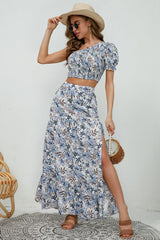 Printed Asymmetrical Cropped Top and Split Skirt Set - Trendsi