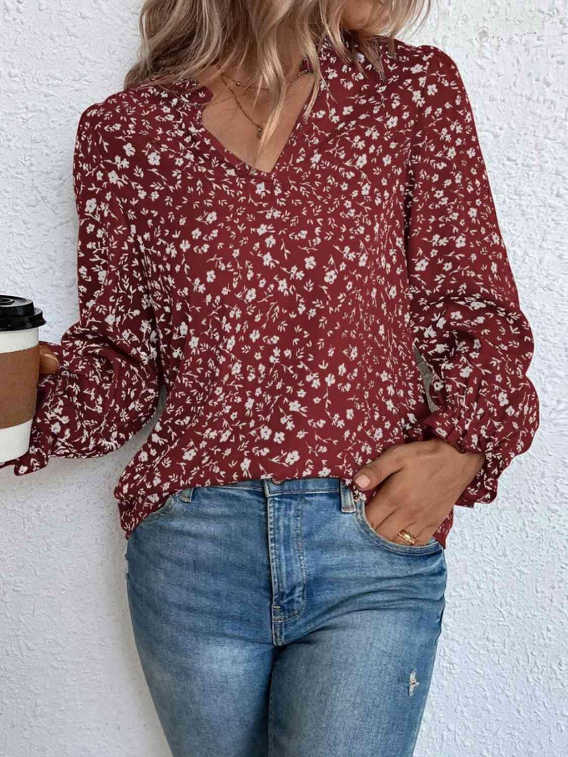 Notched Neck Flounce Sleeve Blouse - Trendsi