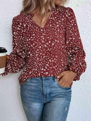 Notched Neck Flounce Sleeve Blouse - Trendsi