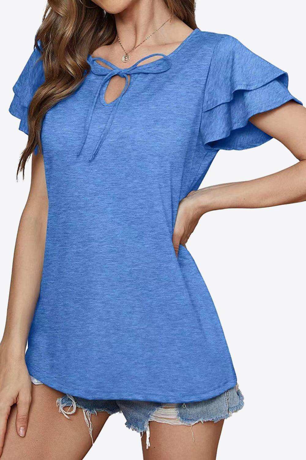 Tie-Neck Layered Flutter Sleeve Blouse - Trendsi - Flyclothing LLC