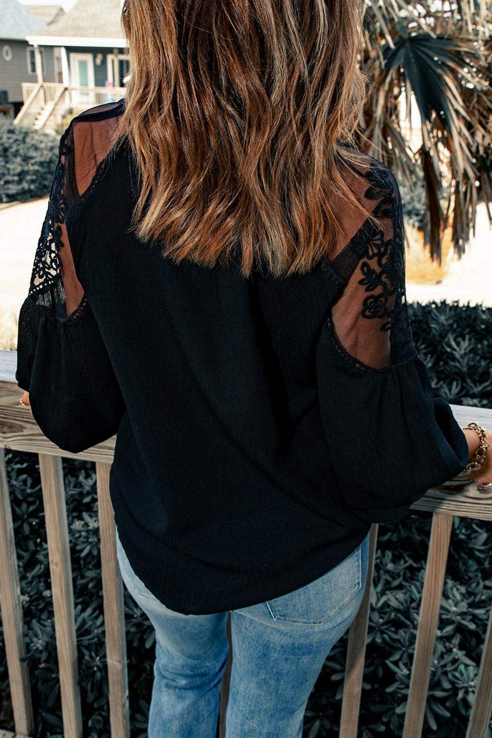 Embroidered Tie-Neck Puff Sleeve Blouse - Trendsi - Flyclothing LLC