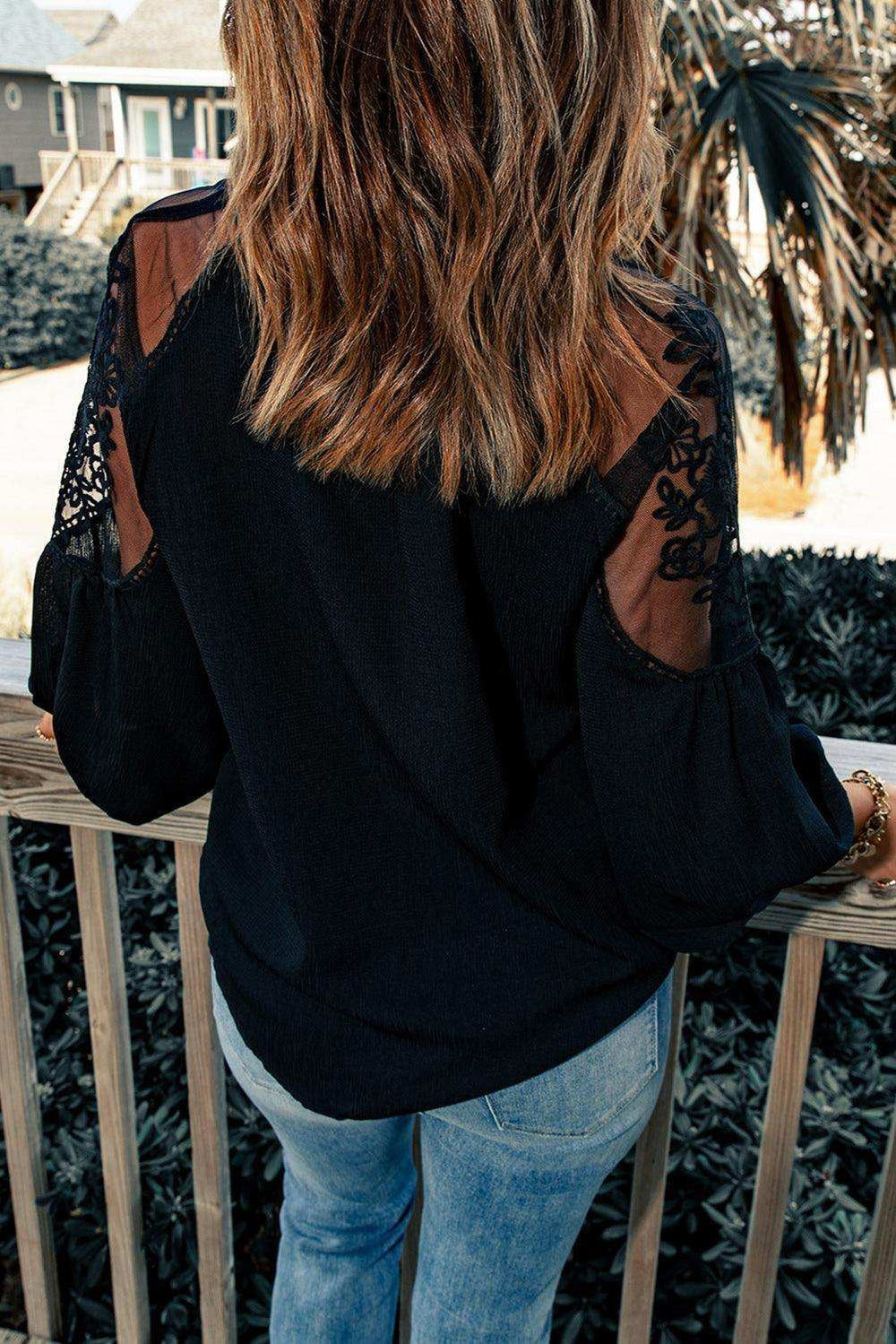 Embroidered Tie-Neck Puff Sleeve Blouse - Trendsi - Flyclothing LLC