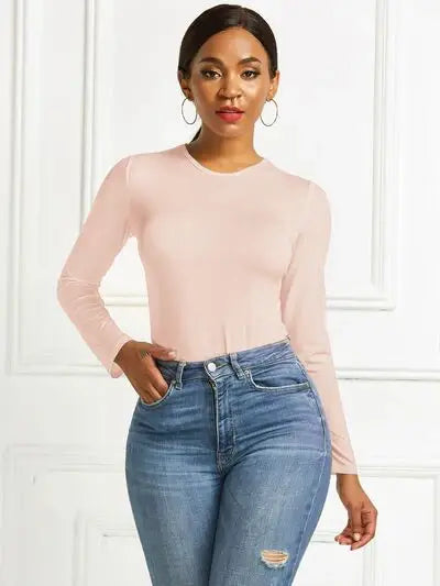 Round Neck Long Sleeve Bodysuit - Trendsi - Flyclothing LLC