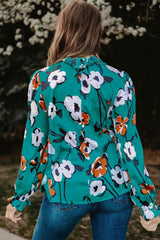 Floral Smocked Mock Neck Flounce Sleeve Blouse - Trendsi