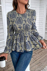 Smocked Printed Balloon Sleeve Blouse - Trendsi - Flyclothing LLC