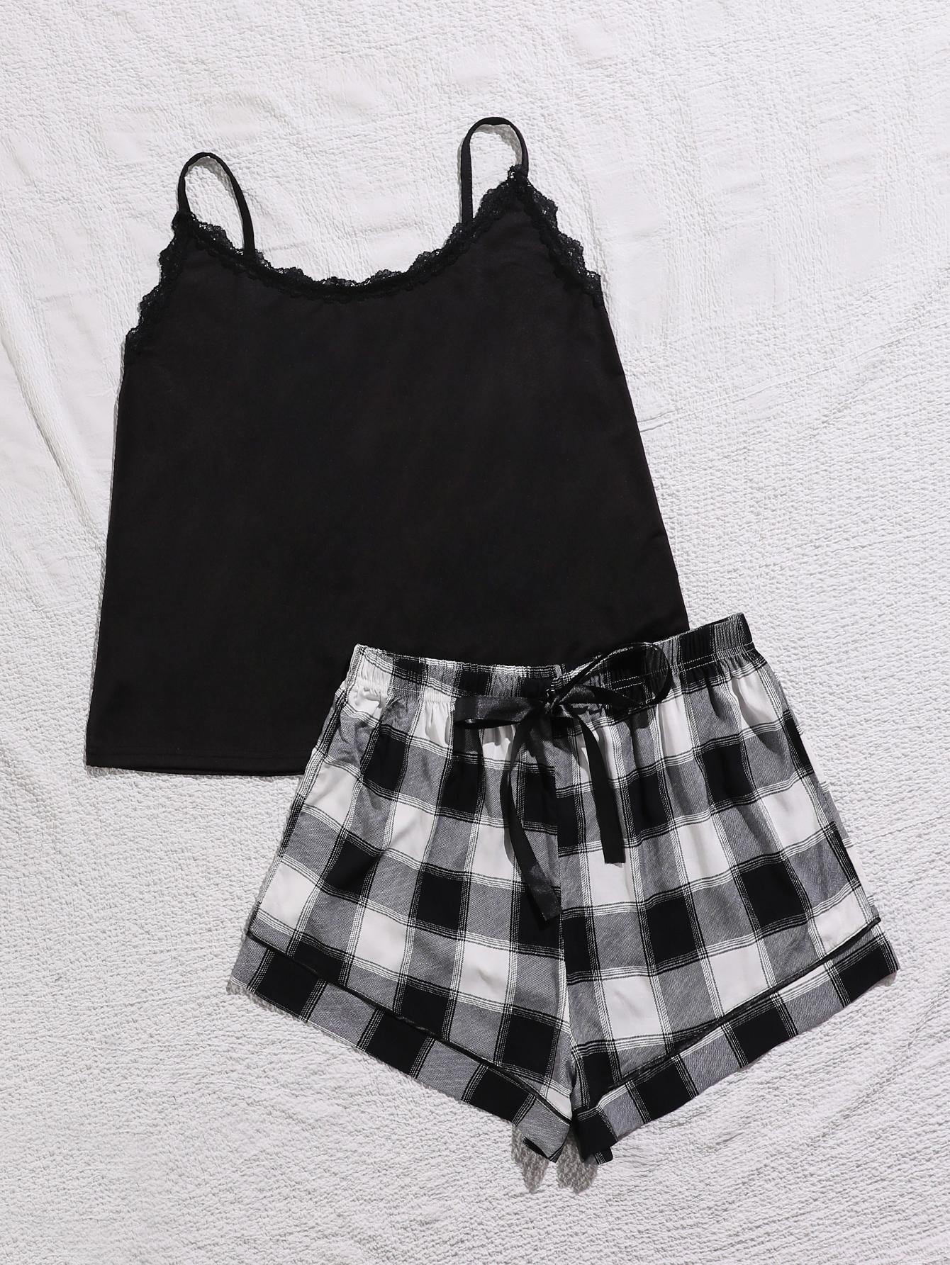 Plus Size Lace Trim Scoop Neck Cami and Printed Shorts Pajama Set - Black  Plaid / 1XL