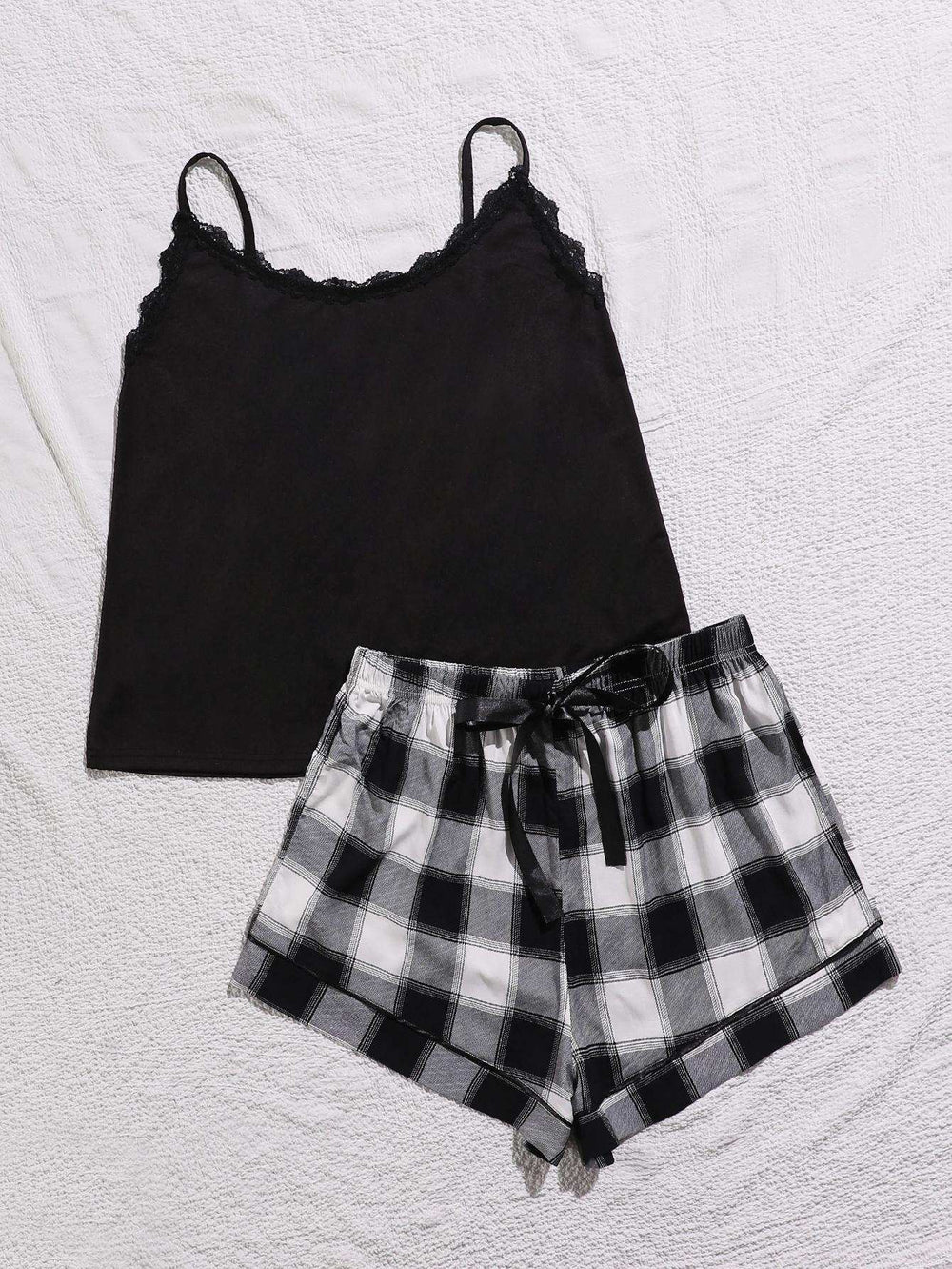 Plus Size Lace Trim Scoop Neck Cami and Printed Shorts Pajama Set - Trendsi - Flyclothing LLC