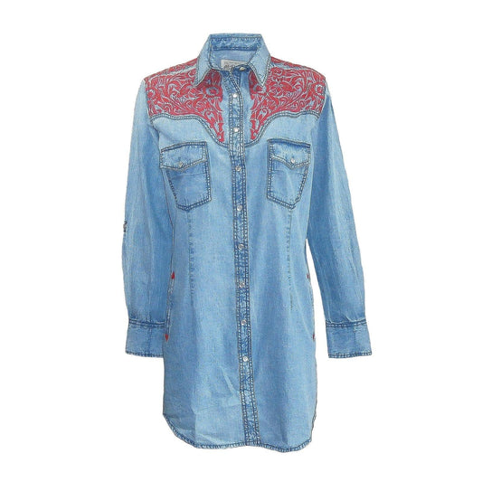 Rockmount Clothing Women's Denim & Red Tooling Embroidery Western Shirt Dress - Rockmount Clothing