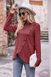 Ribbed Round Neck Buttoned Long Sleeve Tee - Trendsi - Flyclothing LLC