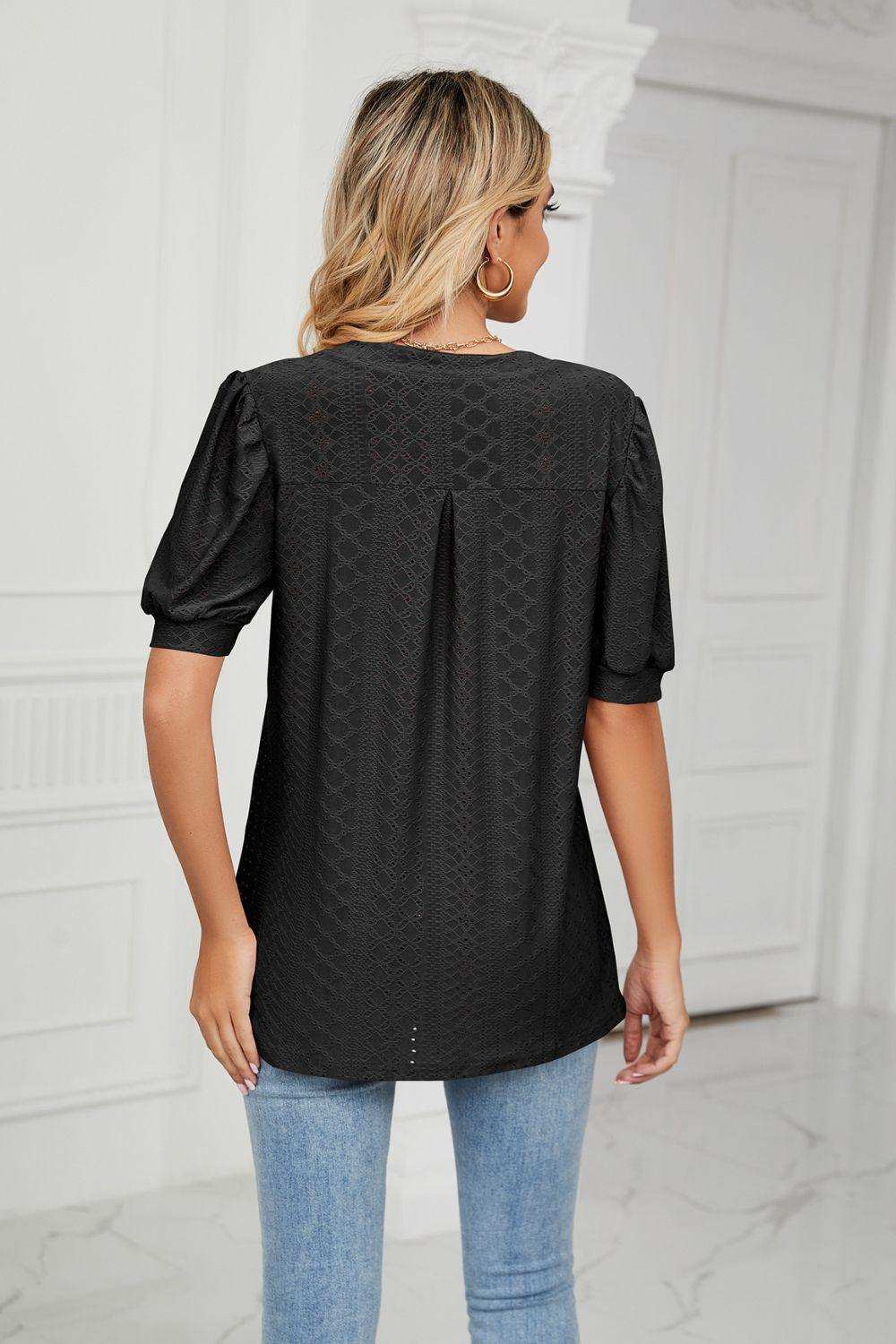 Eyelet Short Puff Sleeve Notched Neck Top - Trendsi - Flyclothing LLC
