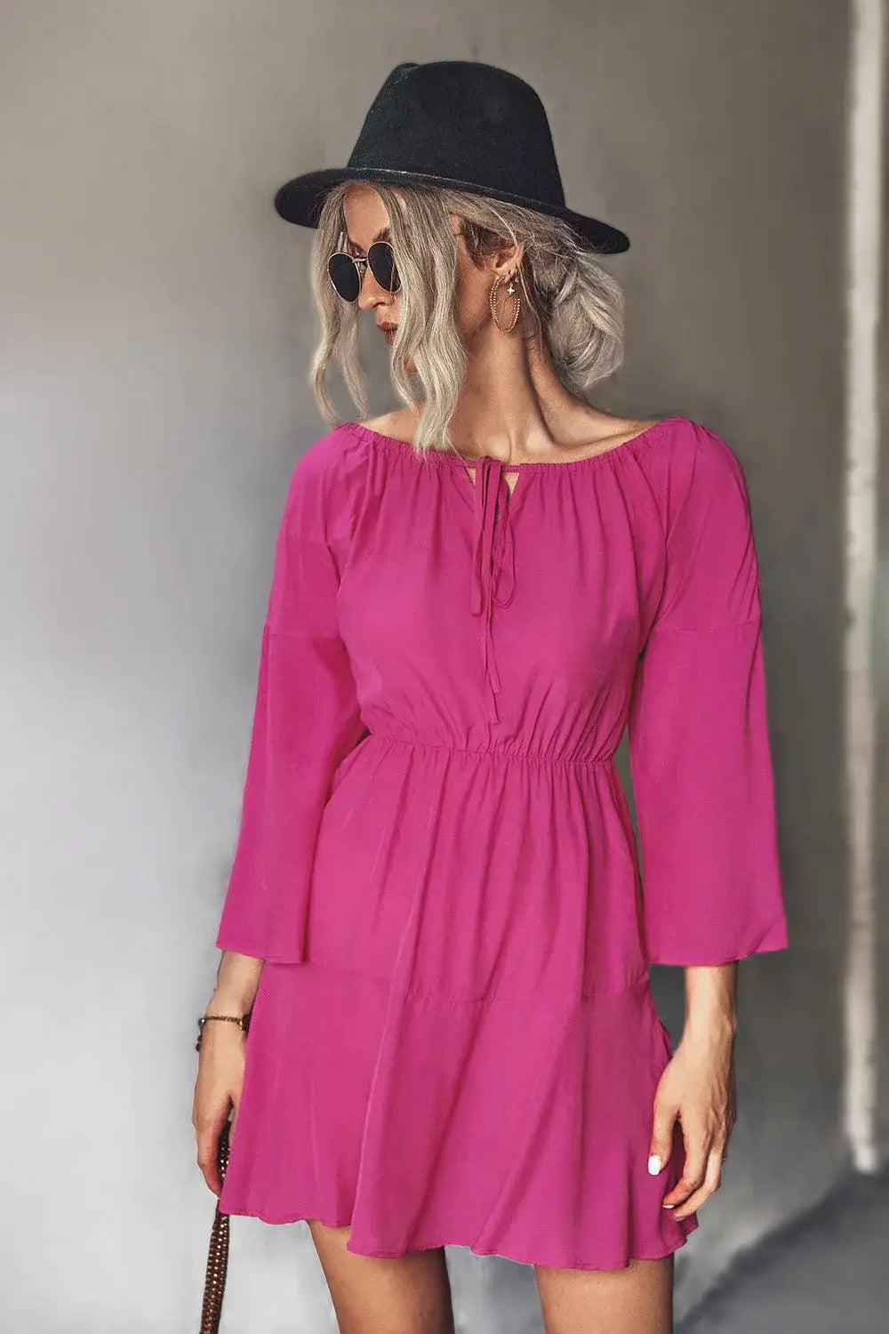 Tie Neck Flare Sleeve Mini Dress - Trendsi - Flyclothing LLC