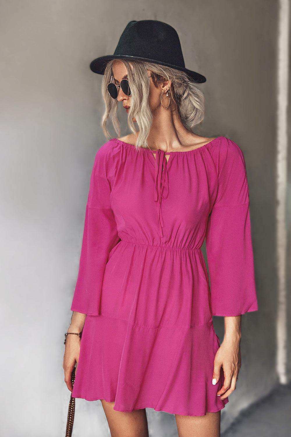 Tie Neck Flare Sleeve Mini Dress - Trendsi - Flyclothing LLC