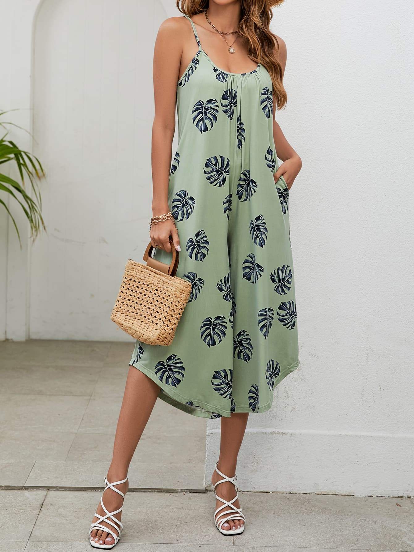 Botanical Print Spaghetti Strap Scoop Neck Jumpsuit - Trendsi - Flyclothing LLC