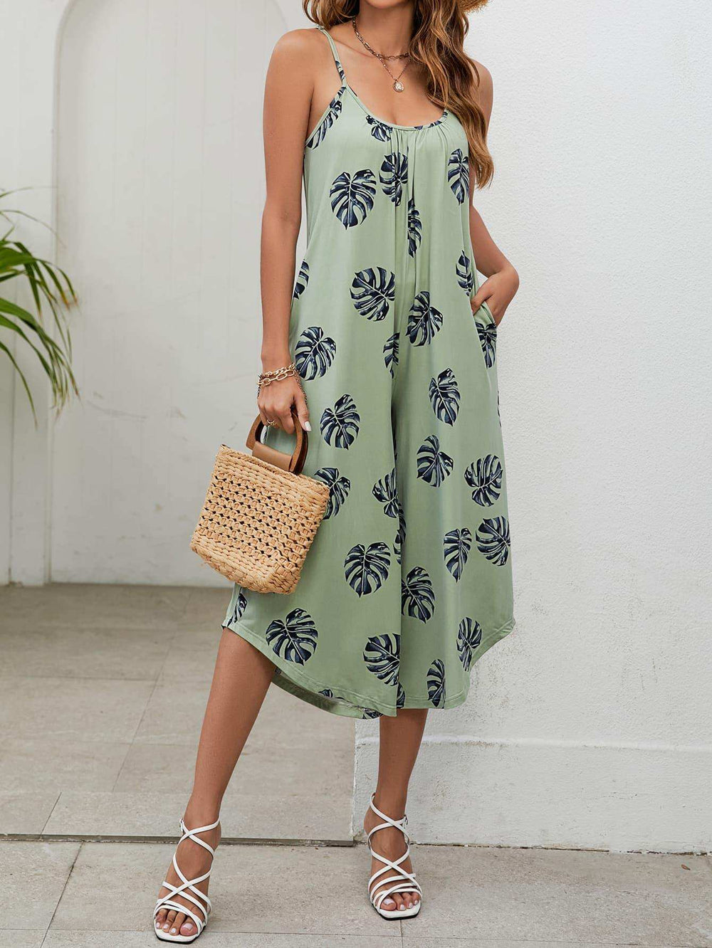 Botanical Print Spaghetti Strap Scoop Neck Jumpsuit - Trendsi - Flyclothing LLC