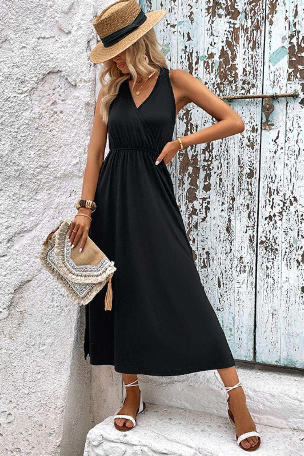 Surplice Neck Slit Sleeveless Dress - Trendsi - Flyclothing LLC