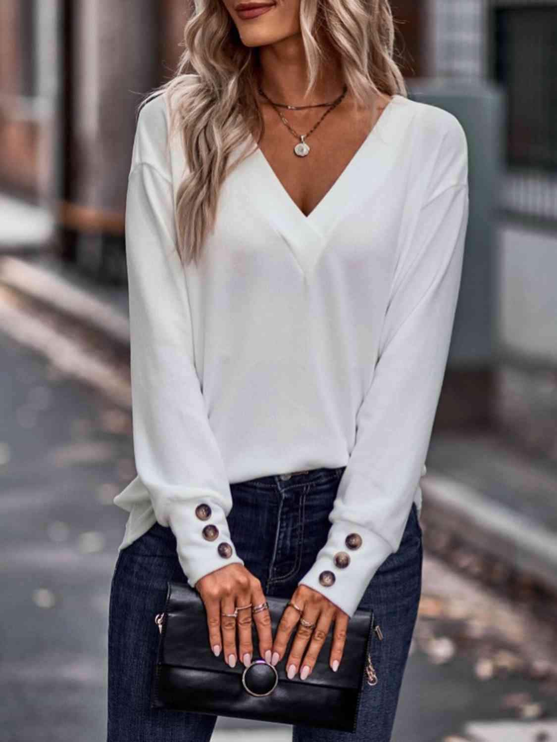 V-Neck Long Sleeve Top - Trendsi - Flyclothing LLC