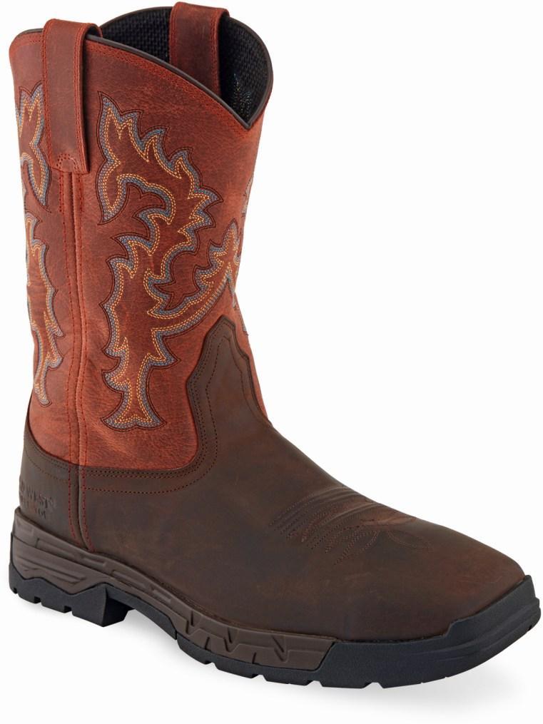 Old West Brown Burnt Red Waxy Square Toe Mens Work Boots - Flyclothing LLC