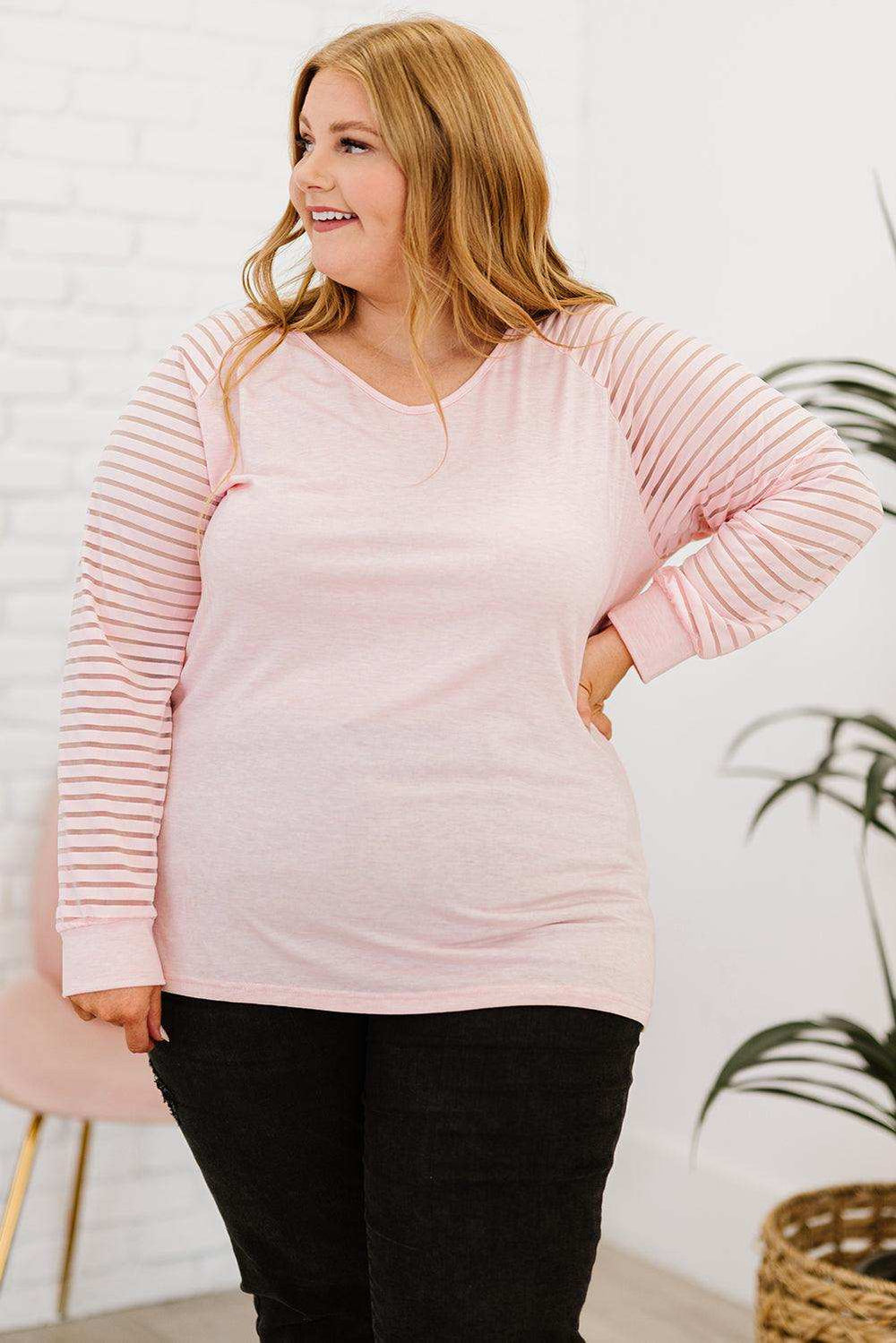 Plus Size Sheer Striped Sleeve V-Neck Top - Trendsi - Flyclothing LLC