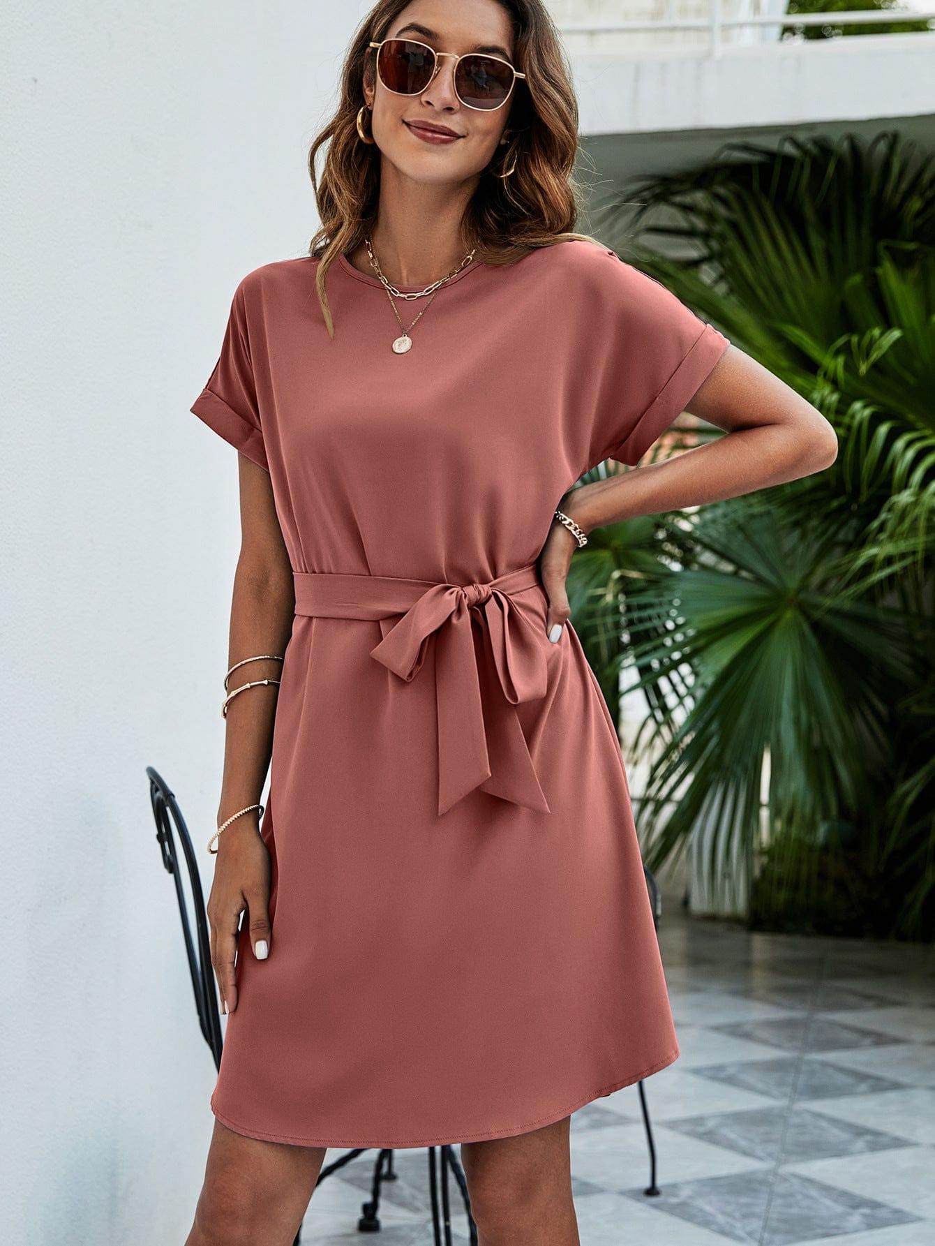 Belted Round Neck Curved Hem Dress - Trendsi