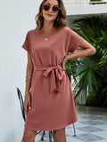 Belted Round Neck Curved Hem Dress - Trendsi