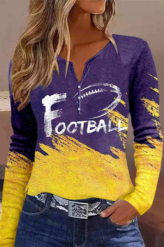 FOOTBALL Graphic Notched Neck Long Sleeve T-Shirt - Trendsi - Flyclothing LLC