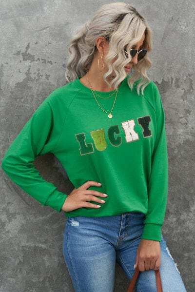 LUCKY Round Neck Raglan Sleeve Sweatshirt - Trendsi - Flyclothing LLC