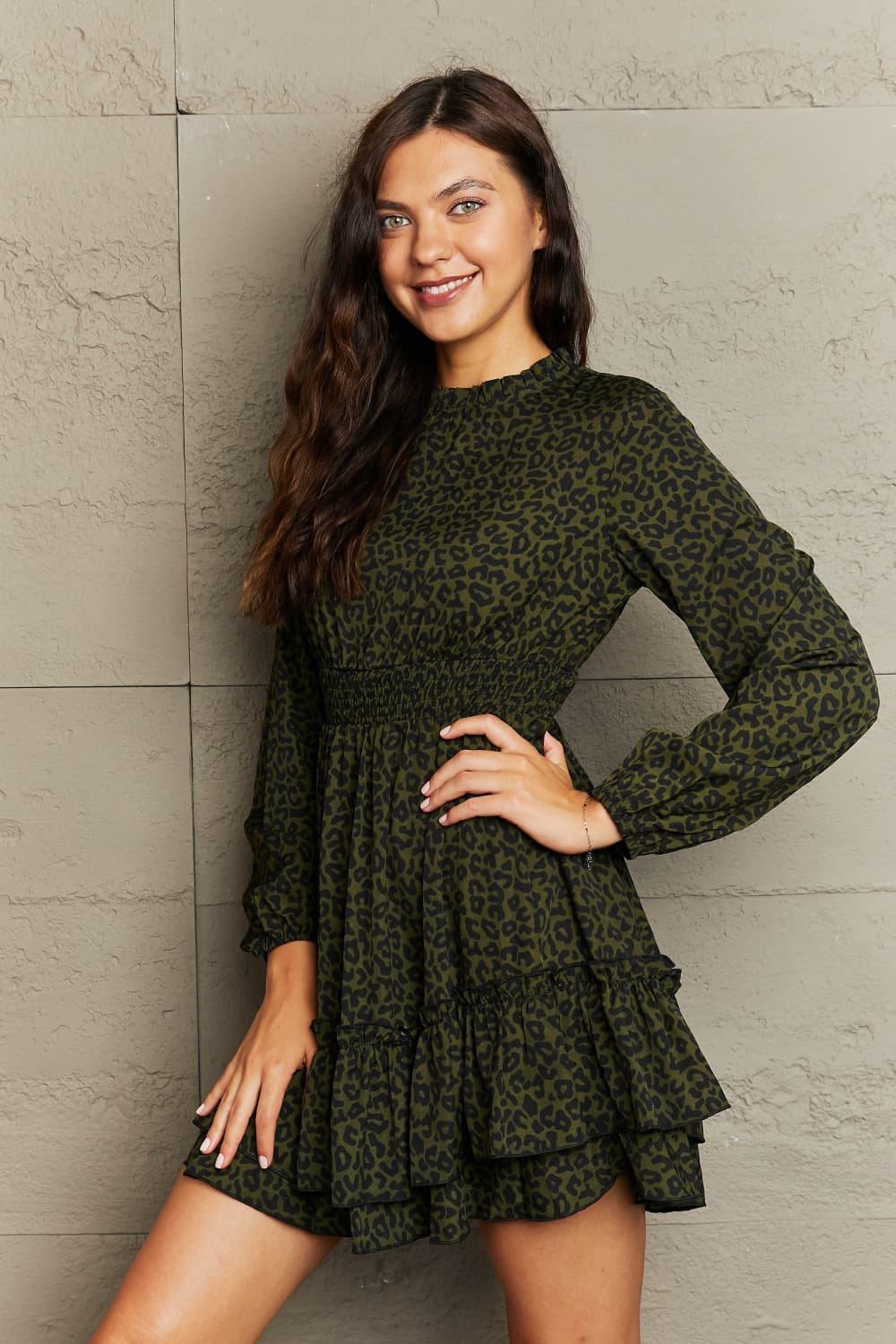 Leopard Smock Waist Long Sleeve Dress - Trendsi