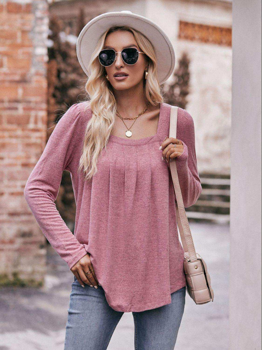 Pleated Detail Curved Hem Long Sleeve Top - Trendsi - Flyclothing LLC