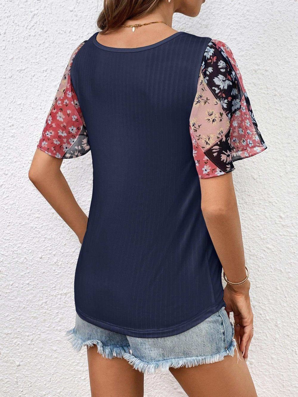 Printed Puff Sleeve Round Neck Tee - Trendsi - Flyclothing LLC