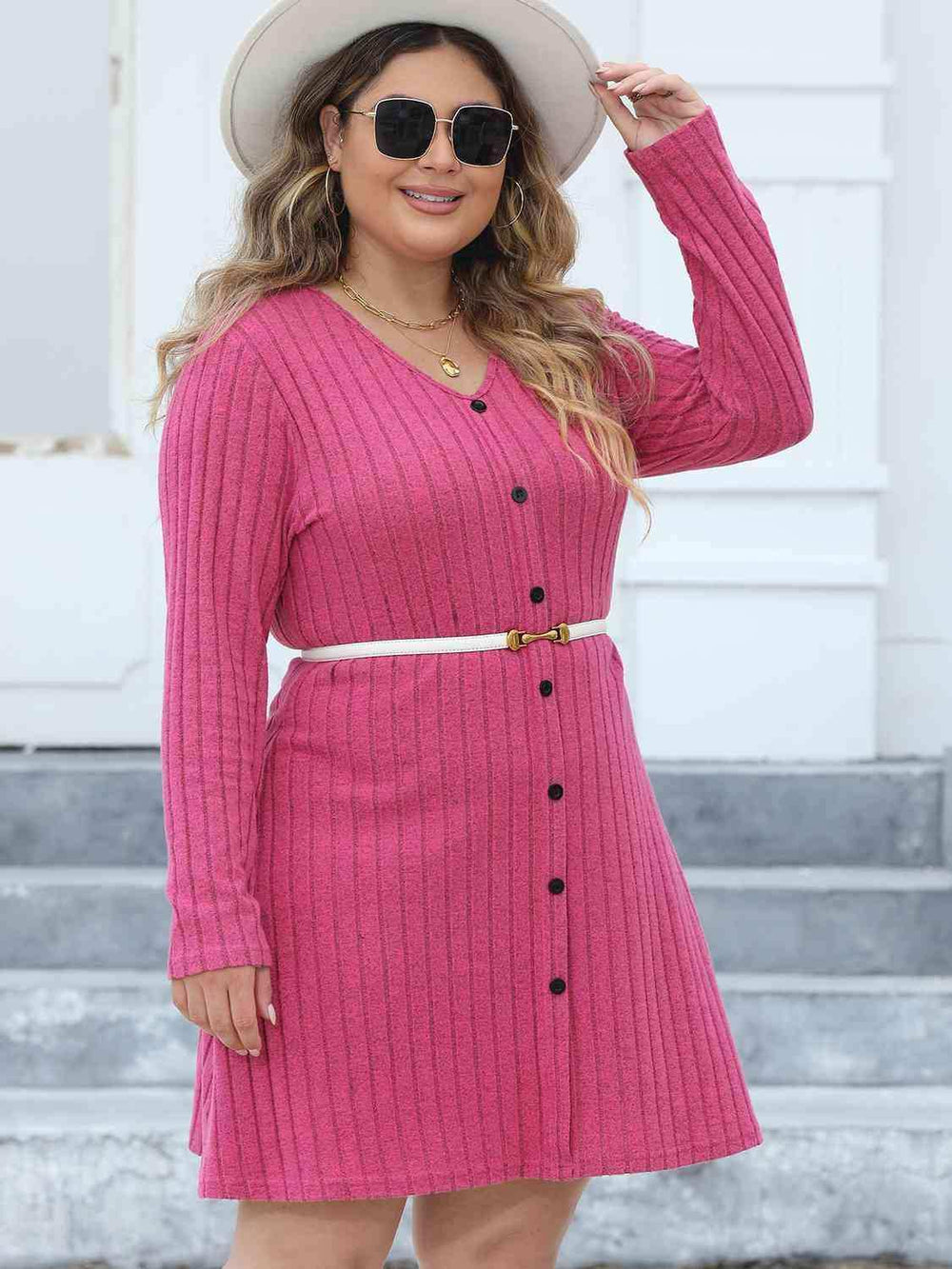 Plus Size Ribbed Buttoned V-Neck Long Sleeve Dress - Trendsi - Flyclothing LLC