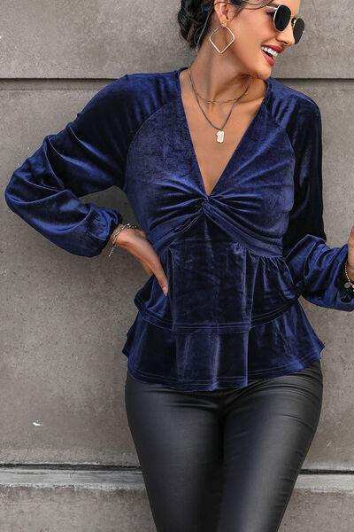 Twisted Layered Plunge Raglan Sleeve Blouse - Trendsi - Flyclothing LLC