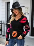 Lip V-Neck Drop Shoulder Sweater - Trendsi
