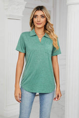 Curved Hem Johnny Collar Polo Shirt - Trendsi - Flyclothing LLC