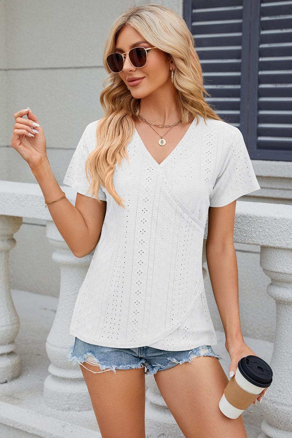 Eyelet Surplice Short Sleeve T-Shirt - Trendsi - Flyclothing LLC