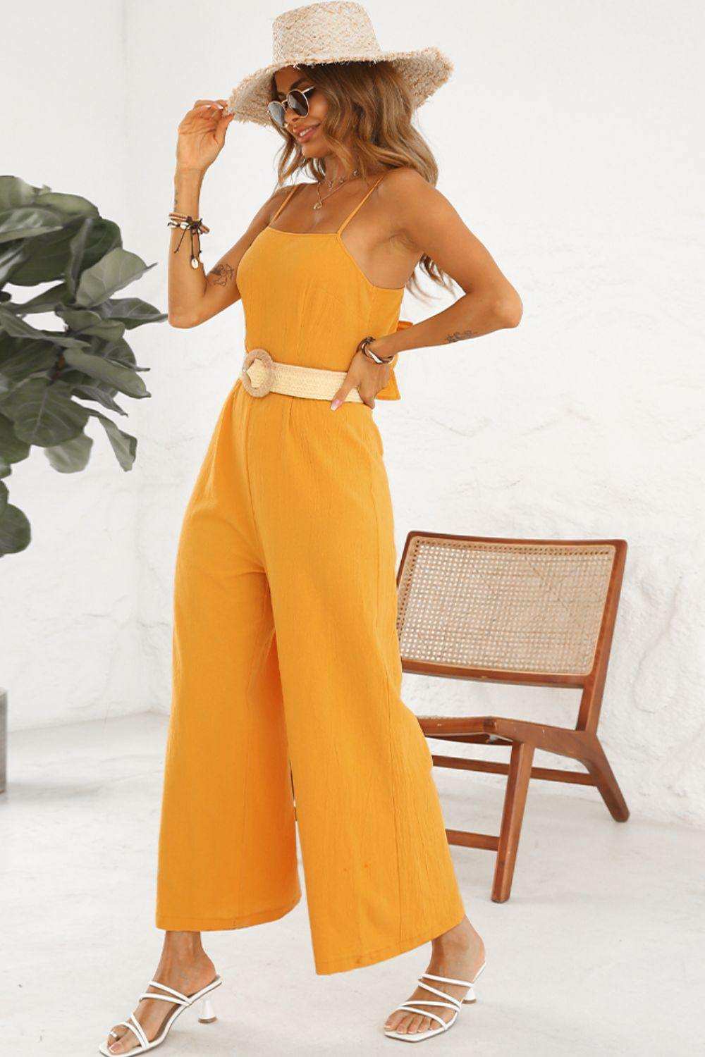 Cutout Spaghetti Strap Tie Back Wide Leg Jumpsuit - Trendsi - Flyclothing LLC