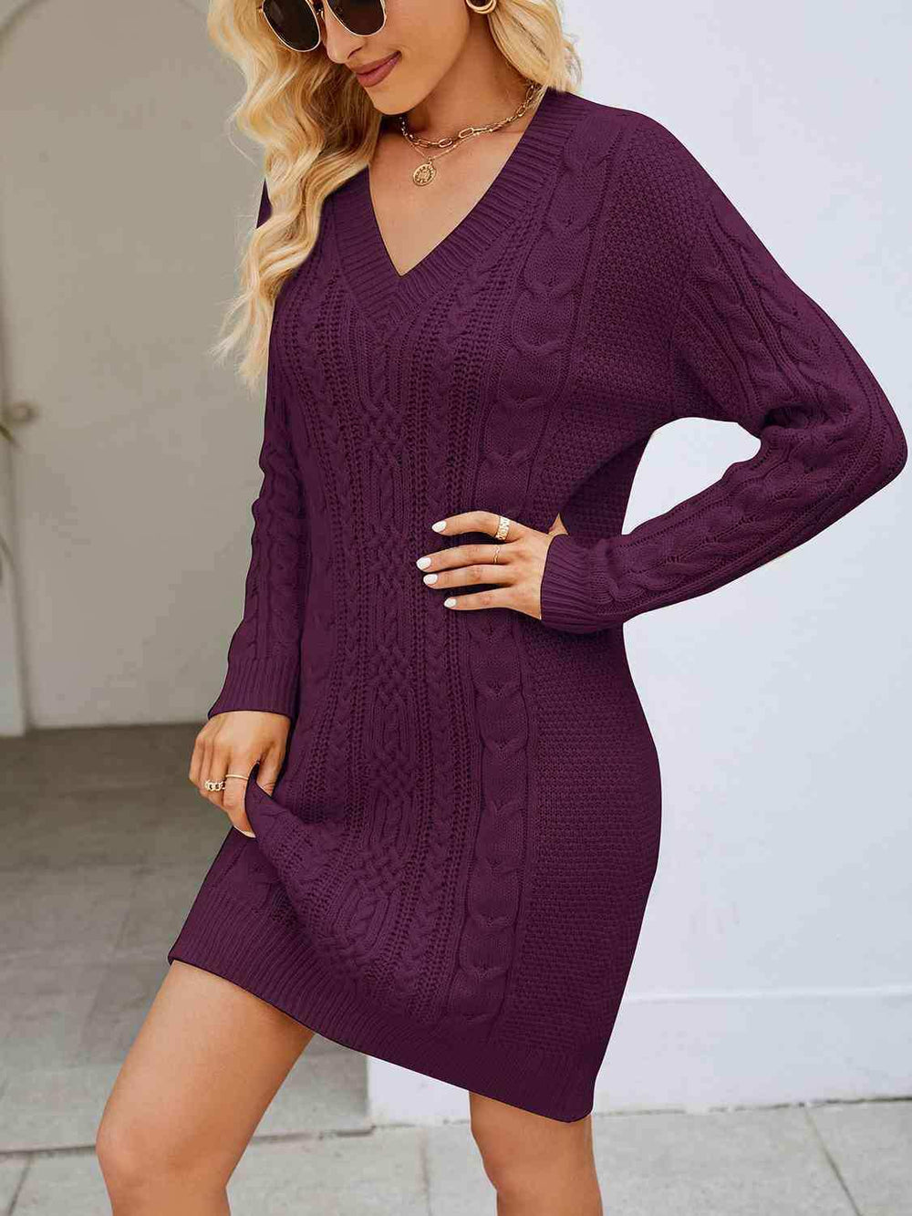 Cable-Knit V-Neck Mini Sweater Dress - Trendsi - Flyclothing LLC