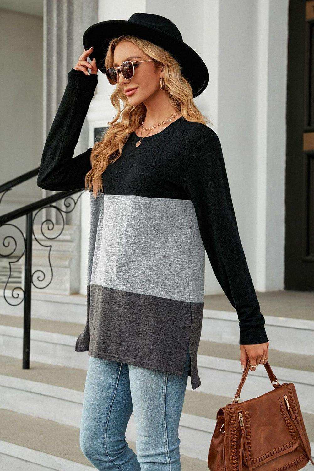 Color Block Round Neck Long Sleeve Slit T-Shirt - Trendsi - Flyclothing LLC