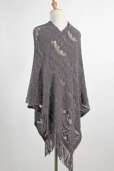 Fringe Openwork Surplice Cape Sleeve Poncho - Trendsi