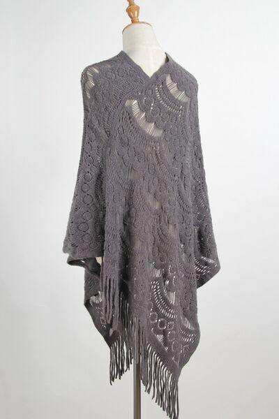 Fringe Openwork Surplice Cape Sleeve Poncho - Trendsi - Flyclothing LLC