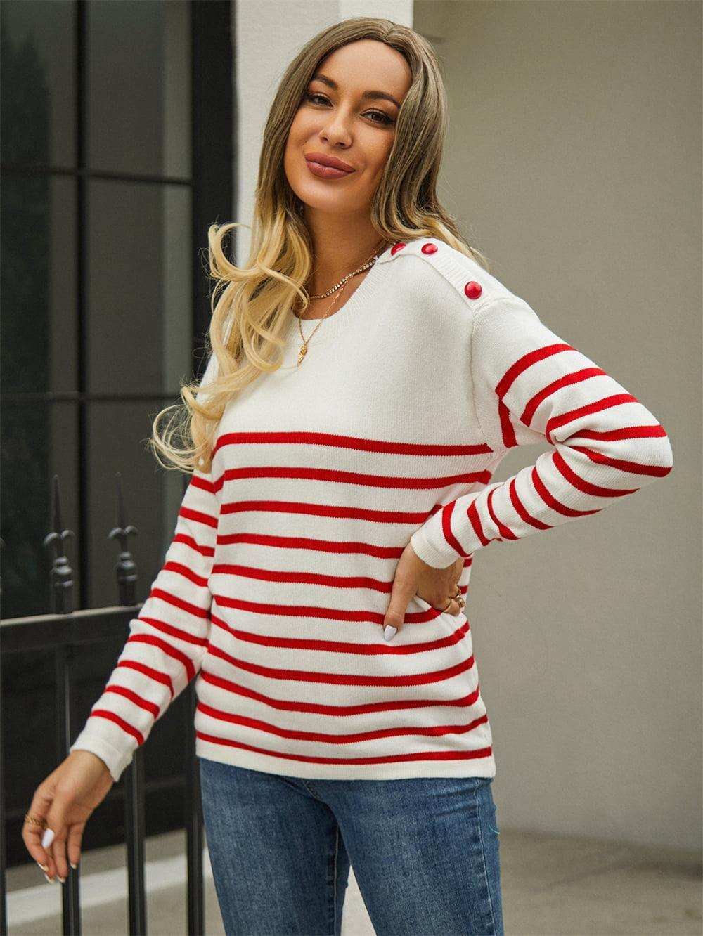 Round Neck Shoulder Button Striped Pullover Sweater - Trendsi - Flyclothing LLC